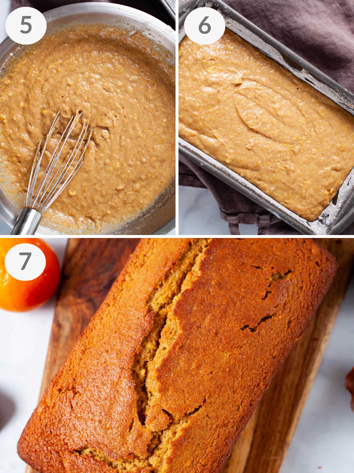 A series of final steps to make an orange loaf cake with spelt flour.