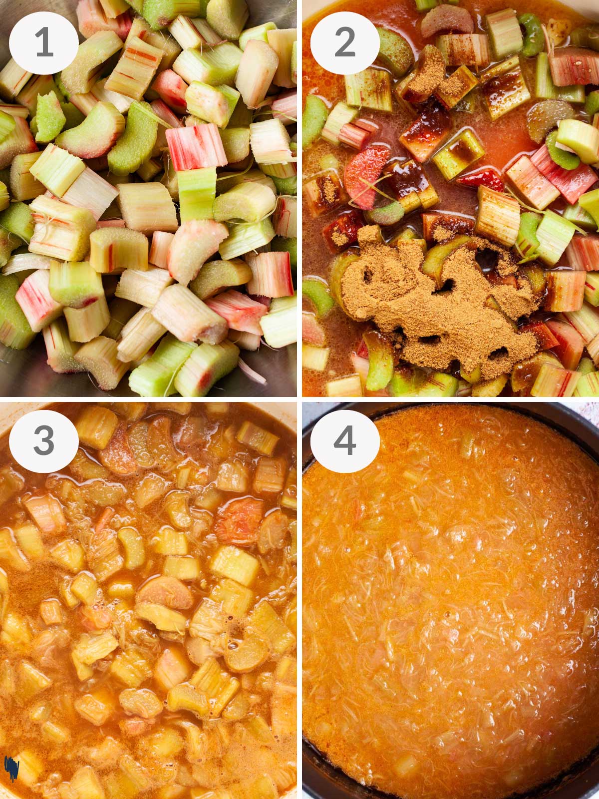 A series of steps showing how to make rhubarb compote.