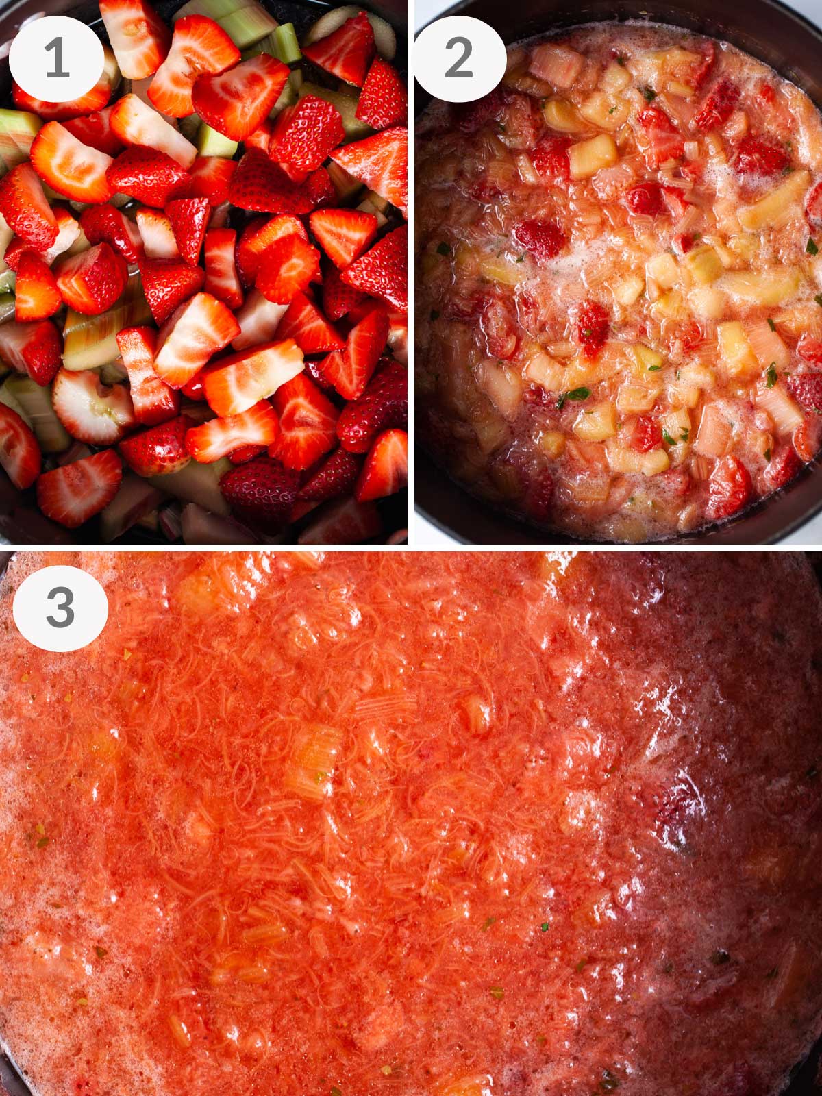 Steps showing how to make strawberry rhubarb compote.