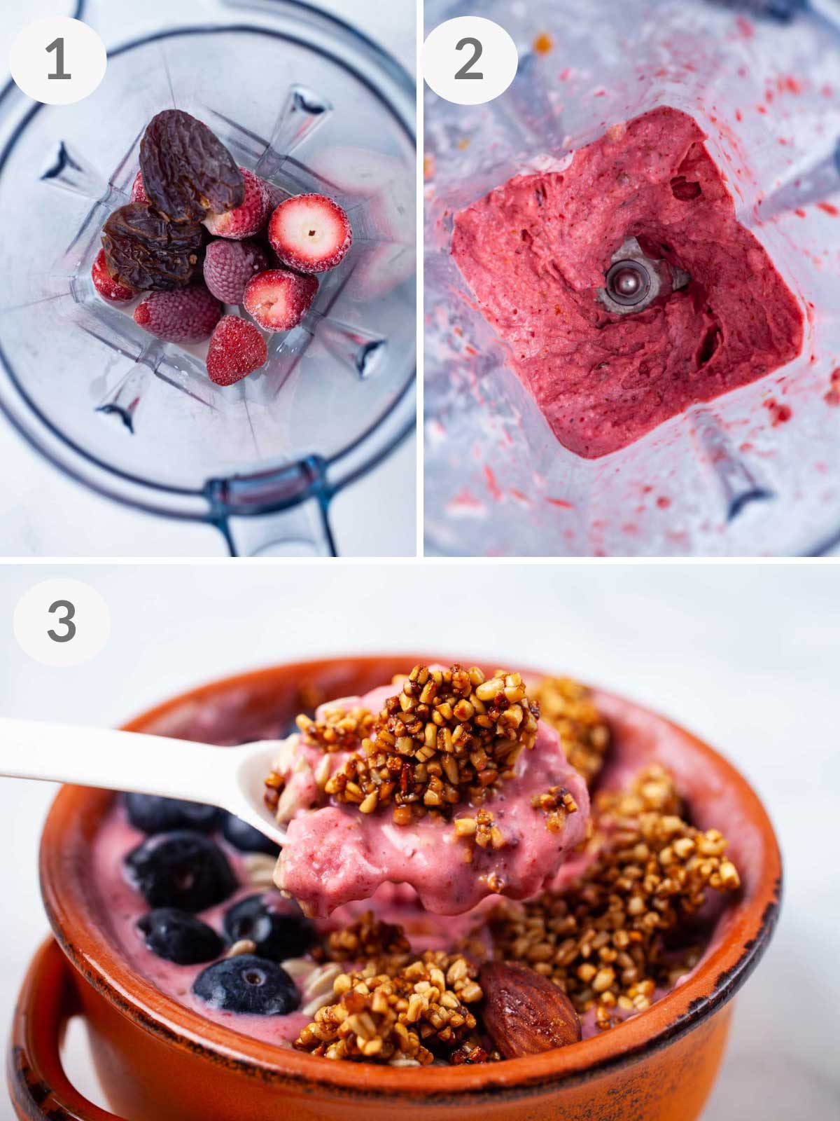 Steps how to make a strawberry smoothie bowl.