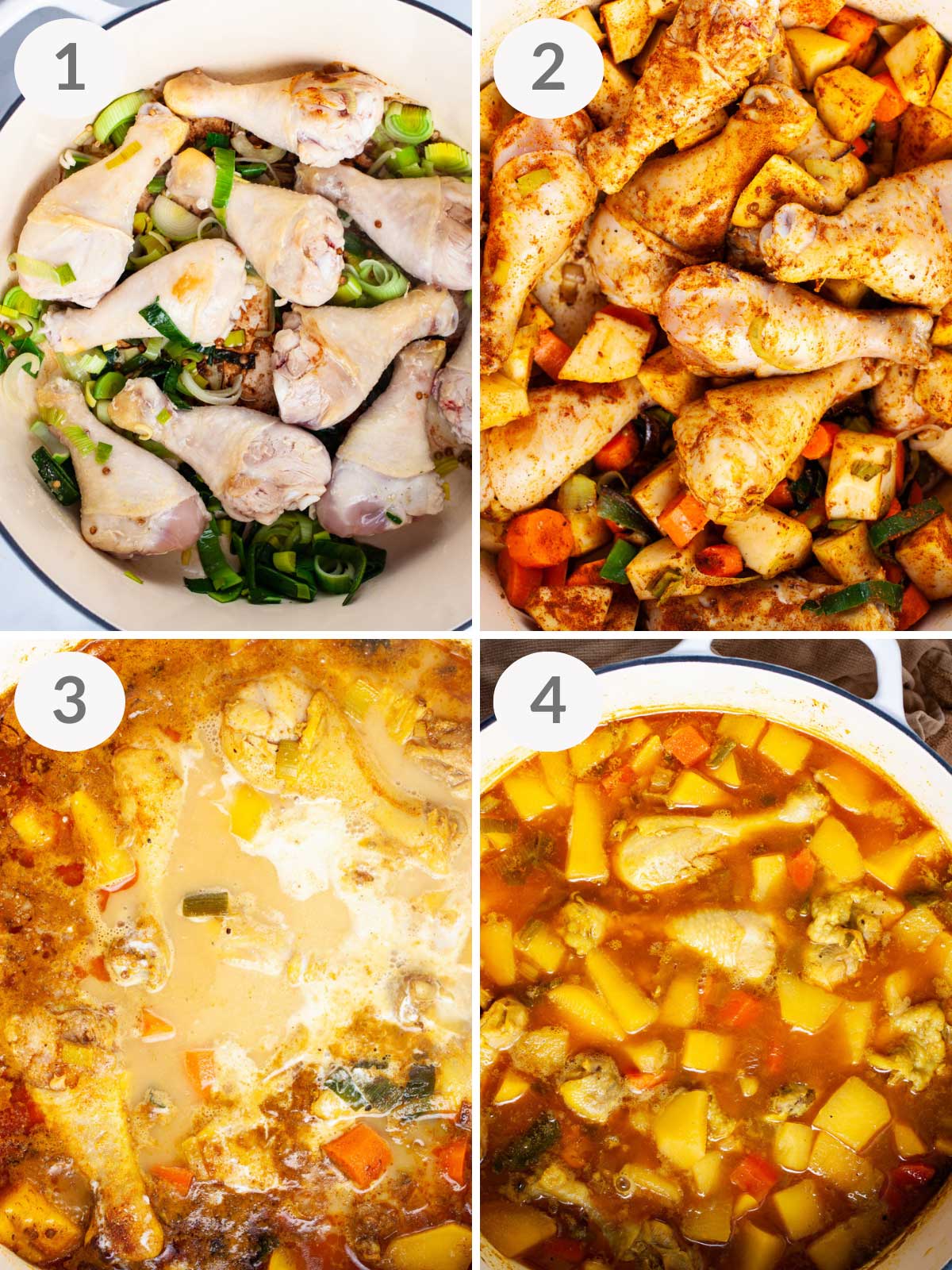 Steps showing how to make swede soup with chicken legs.