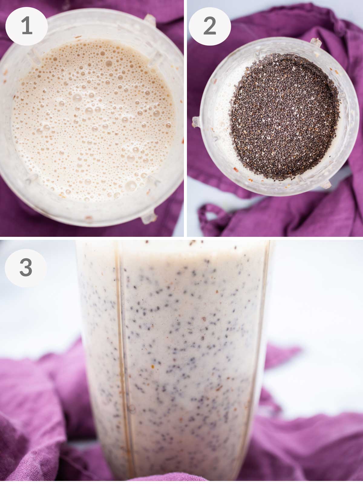 A series of steps showing how to make banana chia pudding.