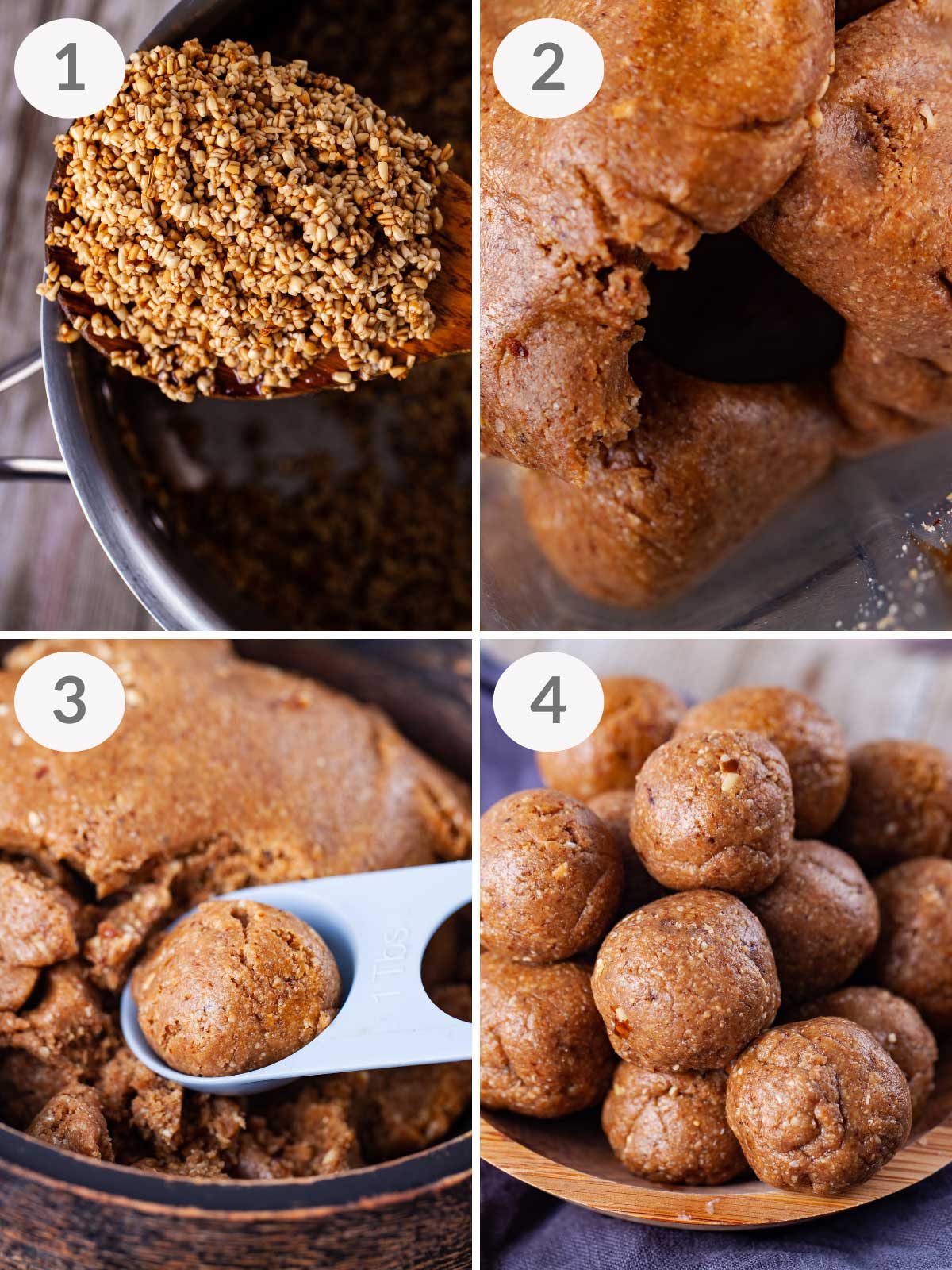 A series of steps showing how to make bliss balls with dates.