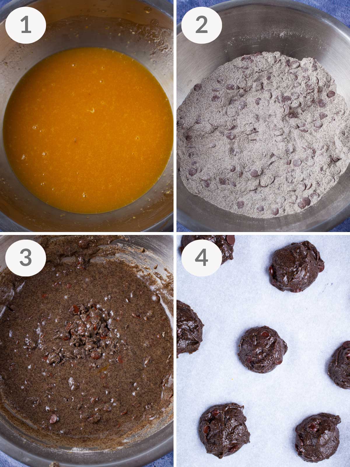 A series of steps showing how to make buckwheat cookies with chocolate chips.