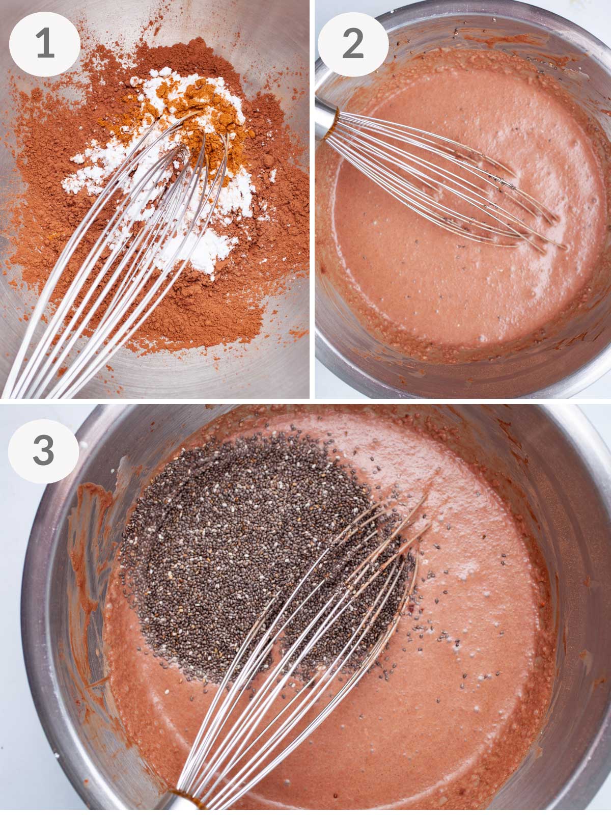 A series of first steps to make a blended chia mousse with chocolate flavor.