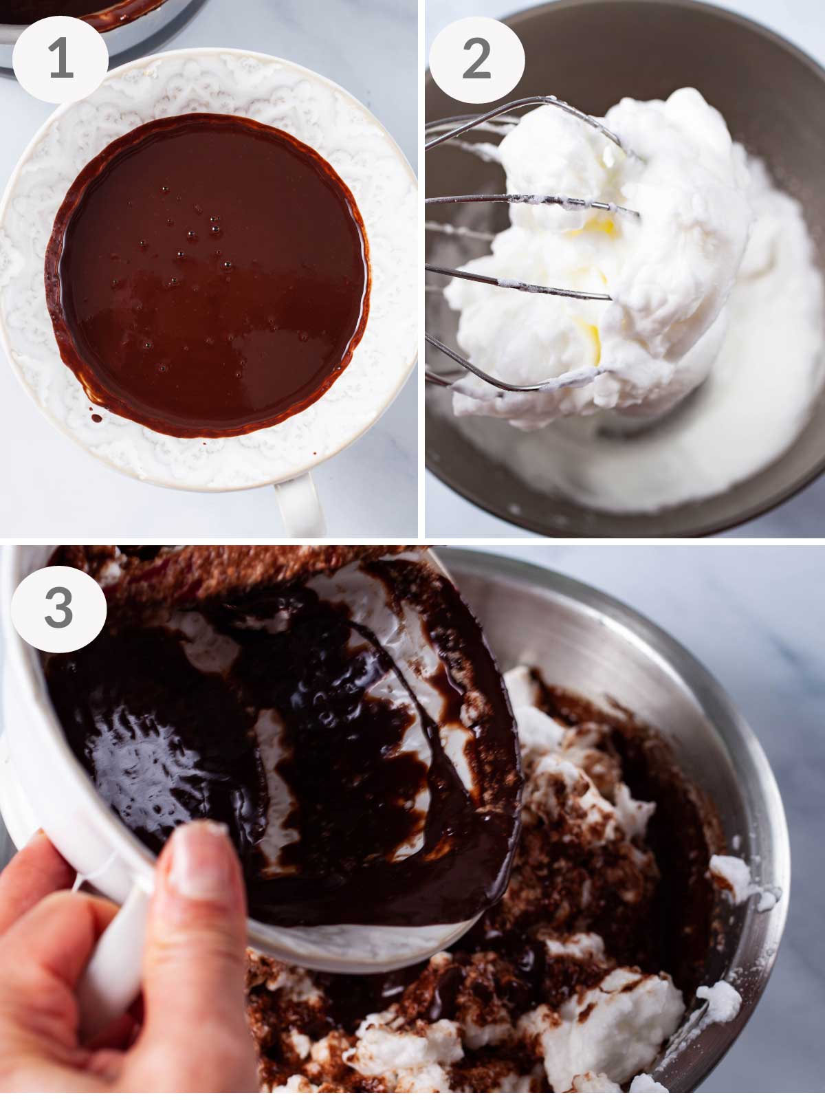 A series of first steps to make coffee chocolate mousse.