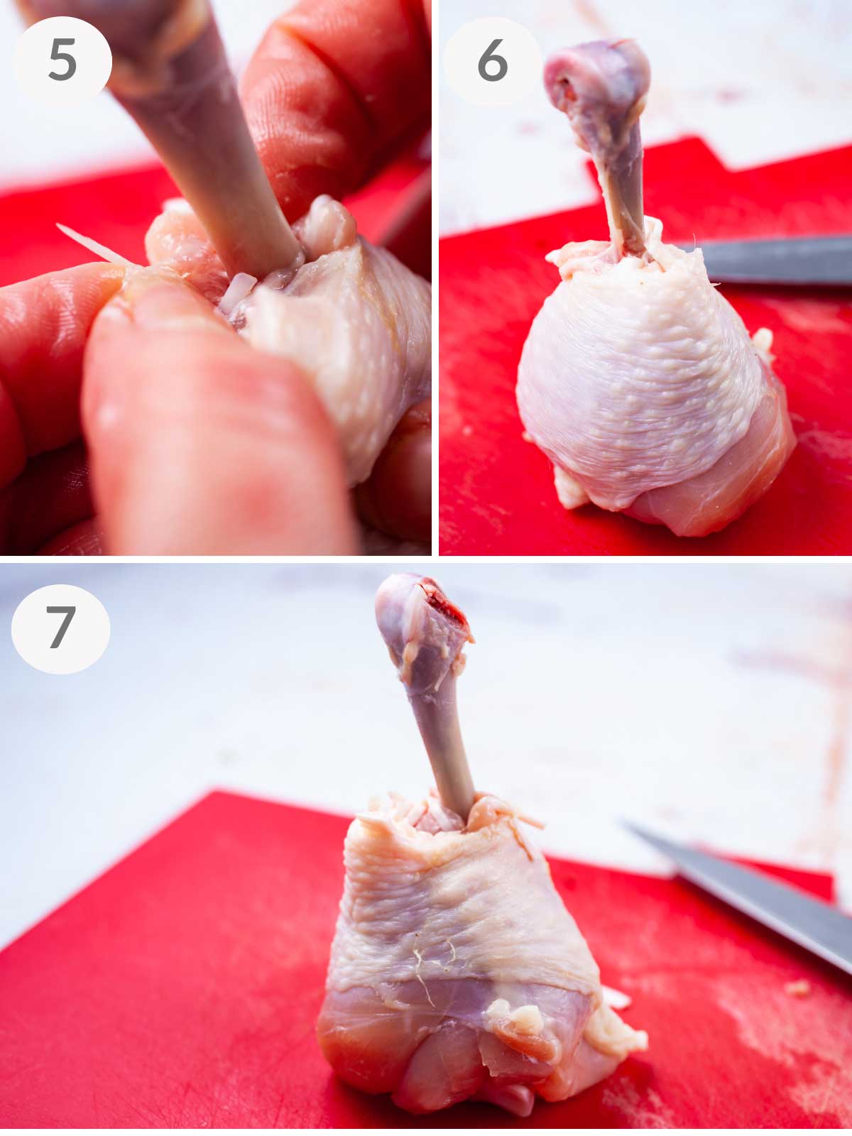 A series of final steps on how to lollipop chicken drumsticks.