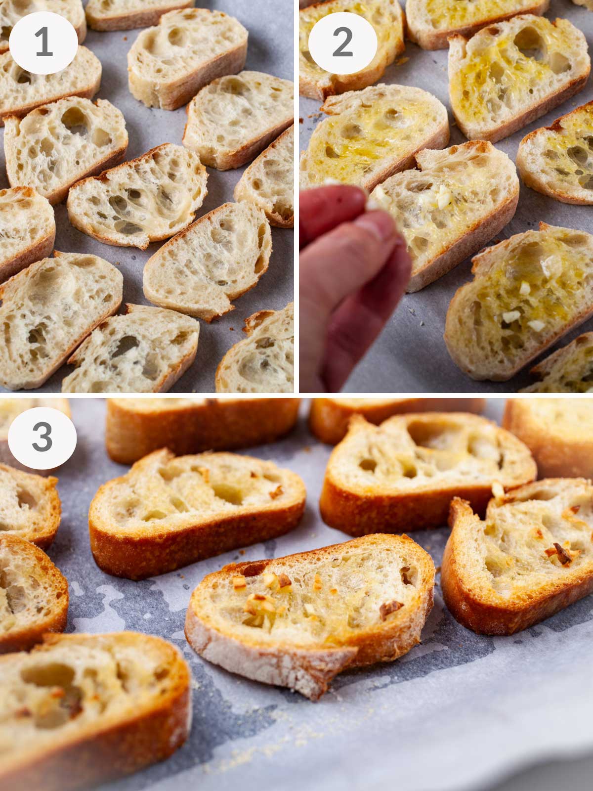 Steps showing how to make garlic crostini in the oven.