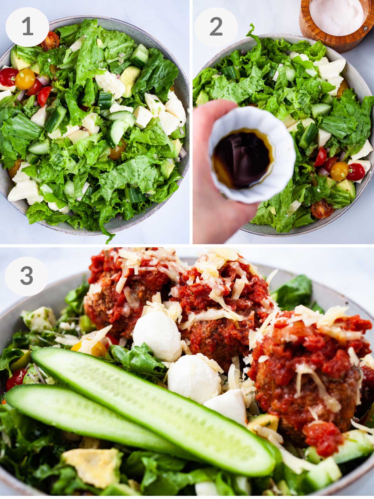 A series of steps showing how to make an Italian meatball salad with a simple dressing.