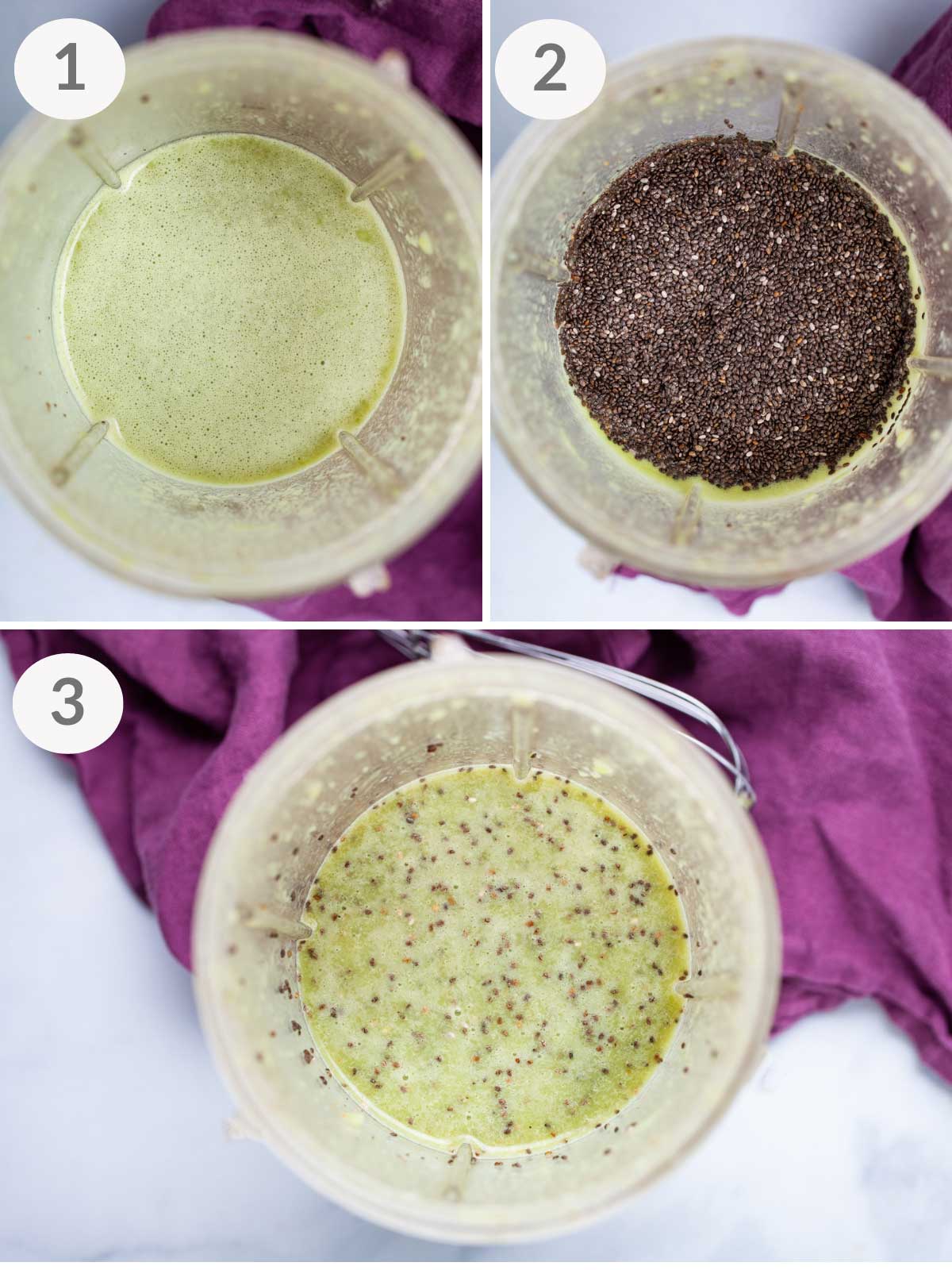 A series of steps showing how to make kiwi chia pudding.