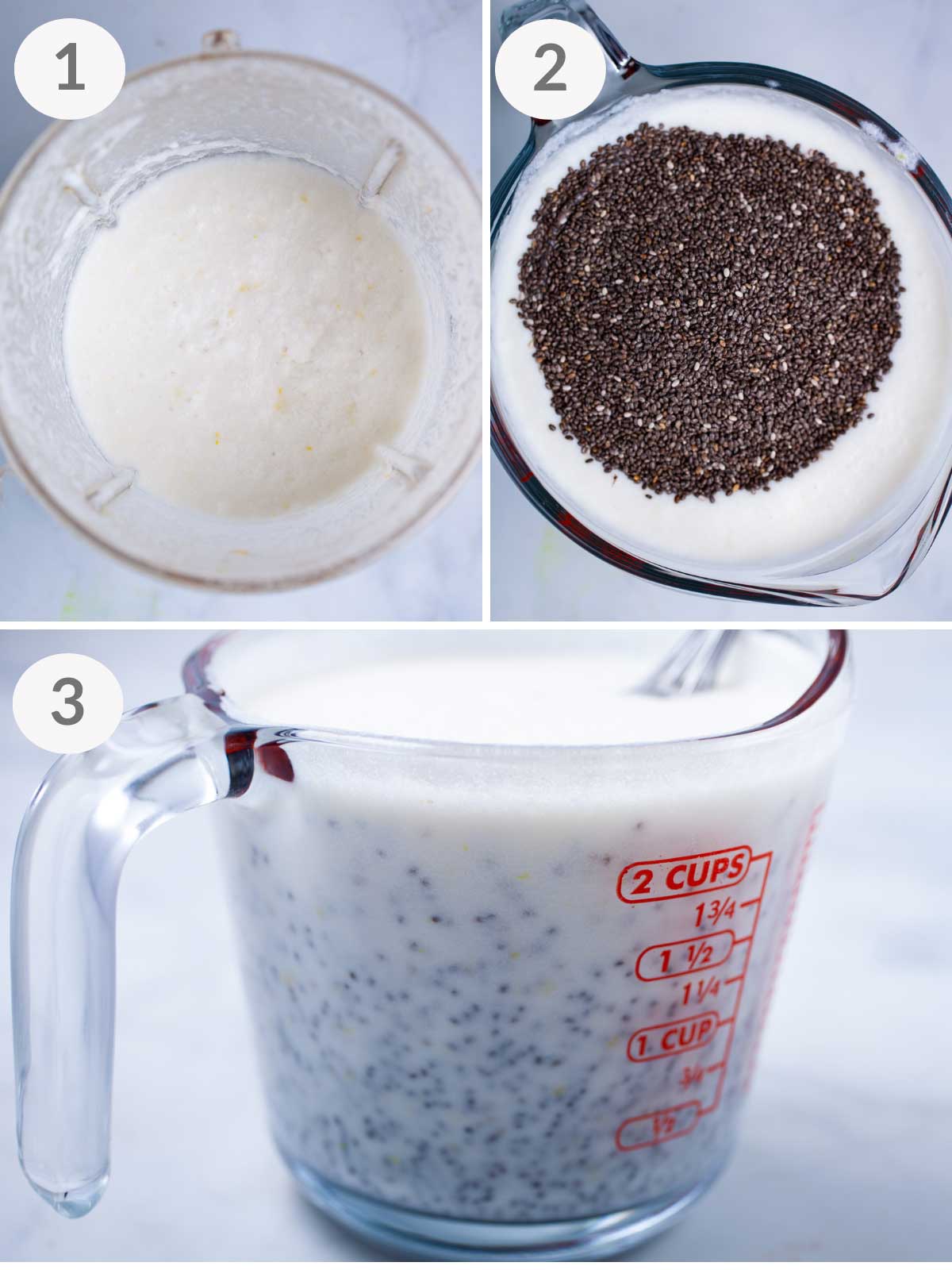 A series of steps showing how to make lemon chia pudding.