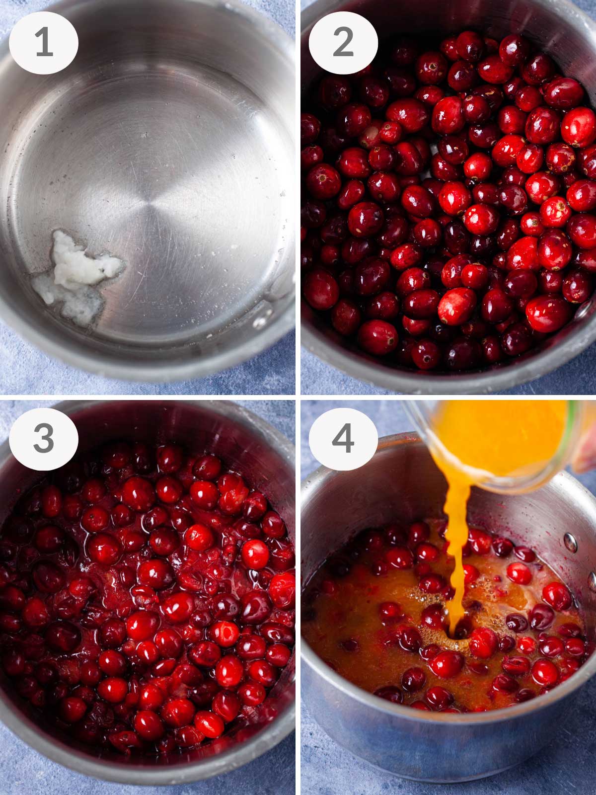 A series of first steps to make mandarin orange cranberry sauce.