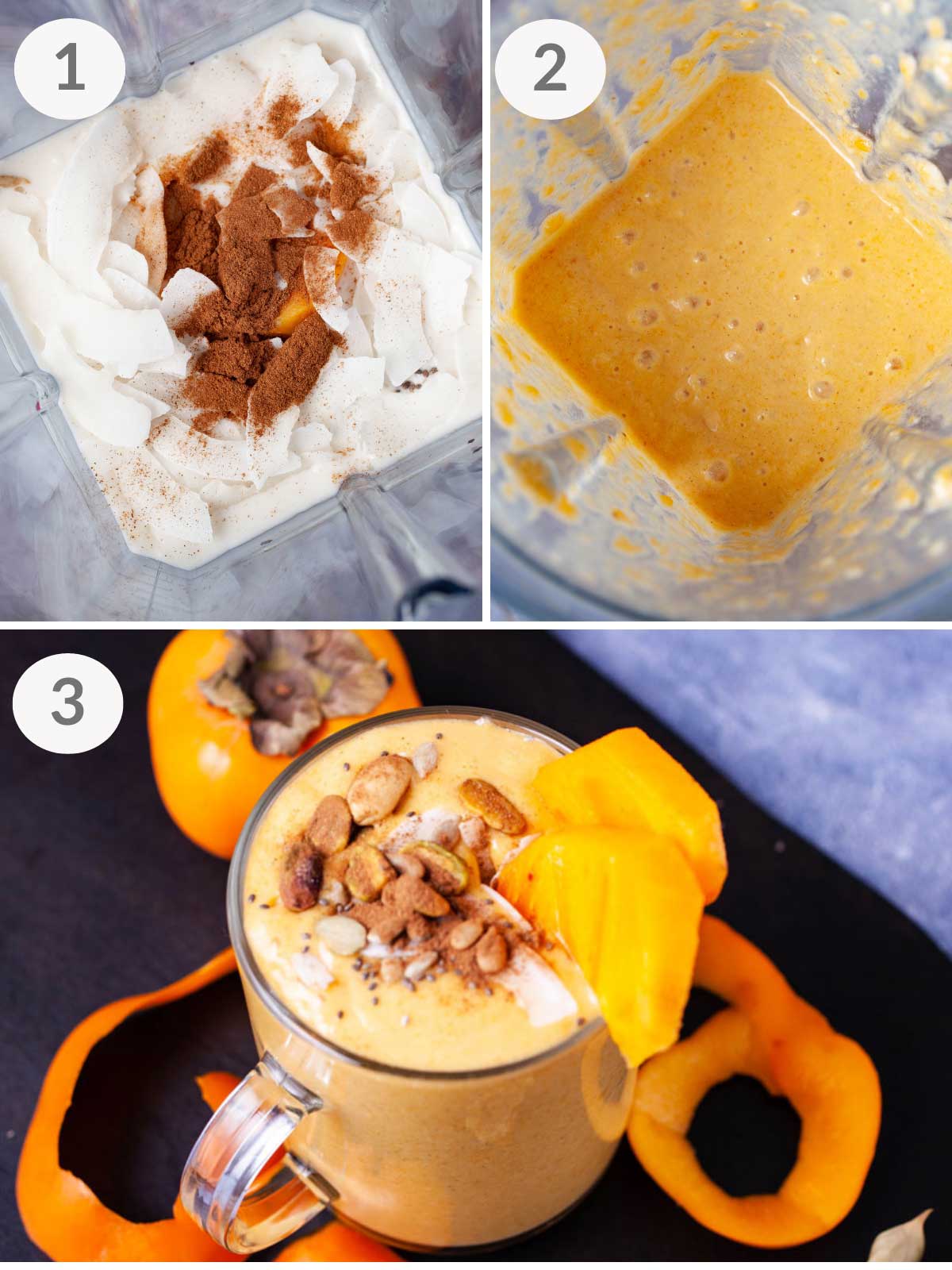 A series of steps to make a persimmon smoothie.