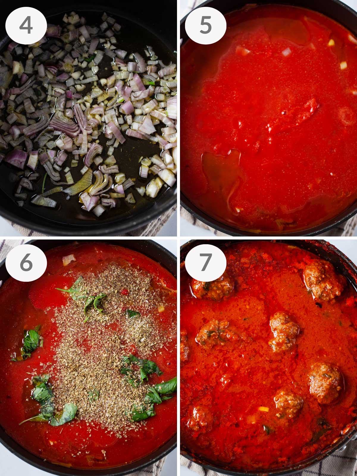 A series of steps showing how to make authentic spaghetti sauce.