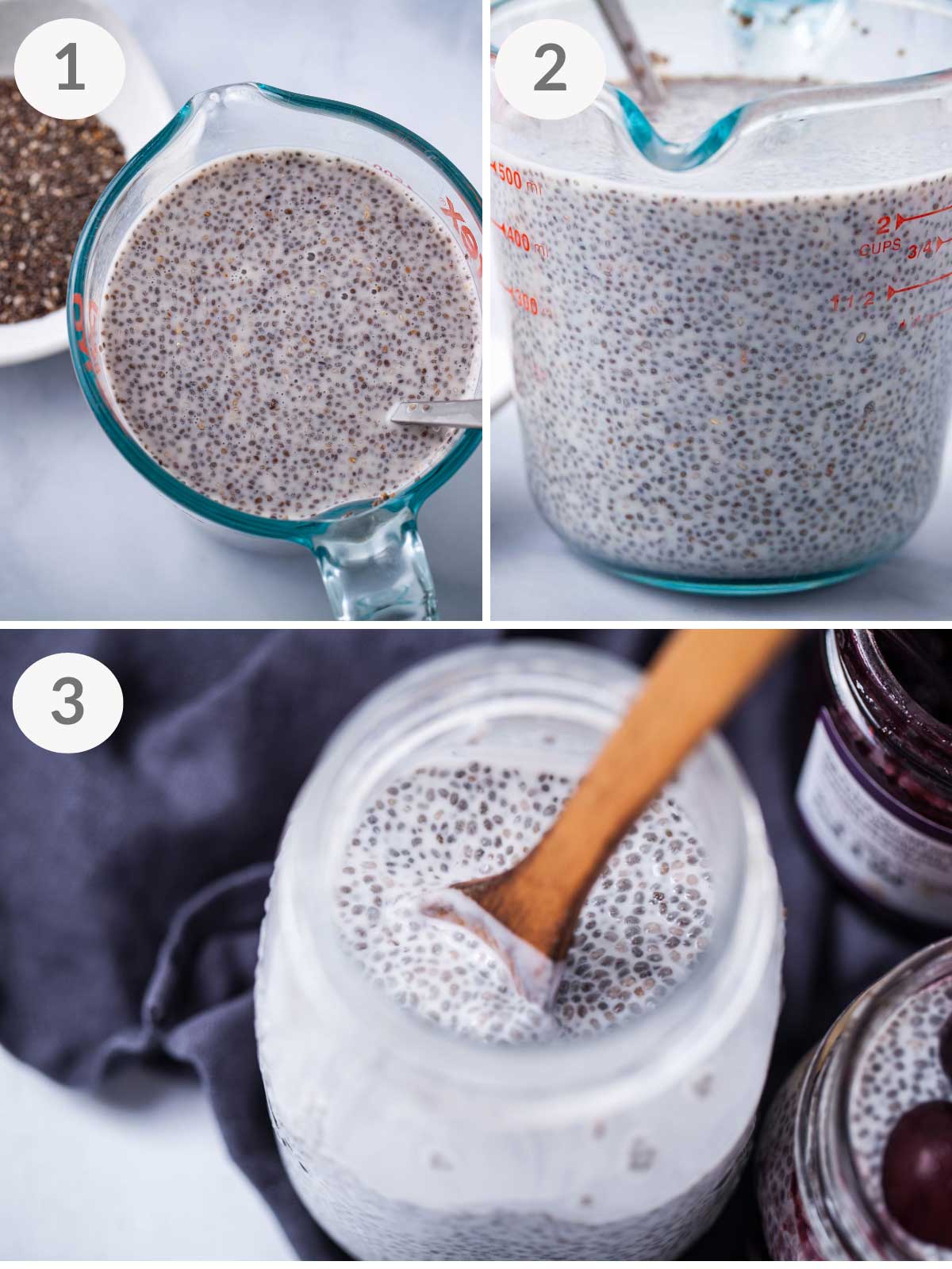 A series of steps showing how to make chia seed pudding.