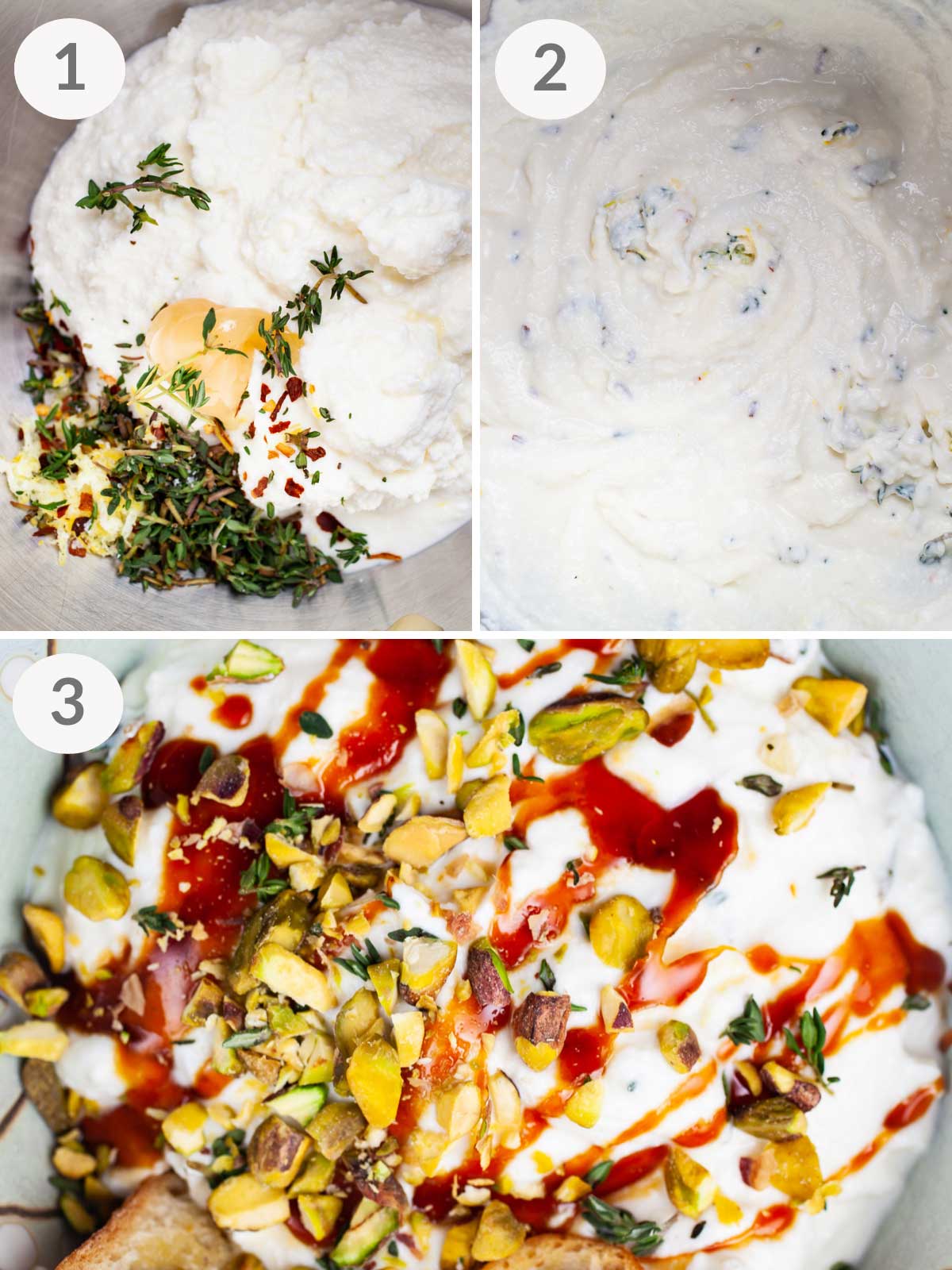 A series of steps showing how to make whipped ricotta with honey.