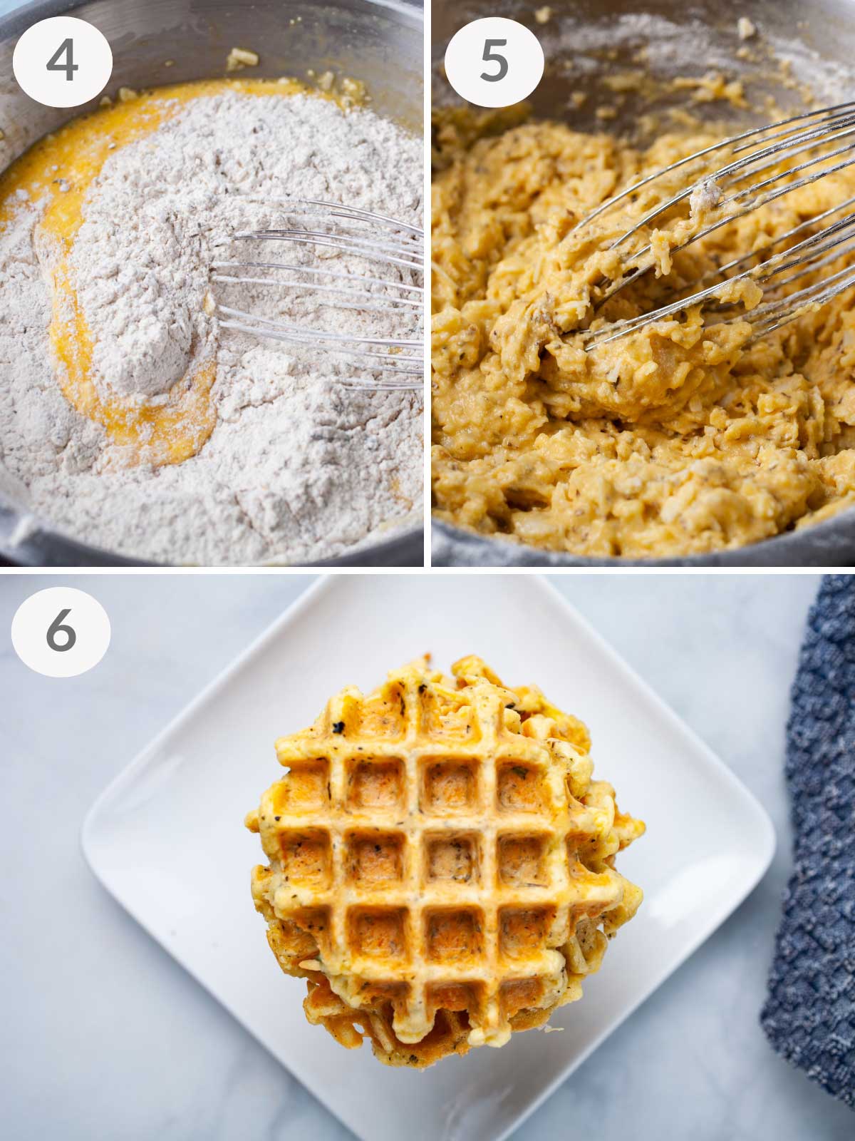 A series of final steps showing how to make cheese waffles.