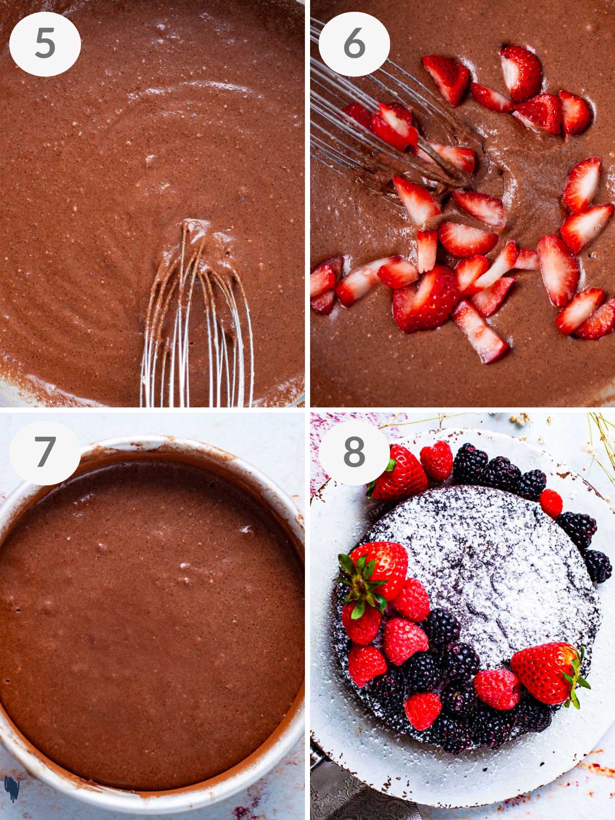 A series of final steps showing how to make an almond flour chocolate cake.