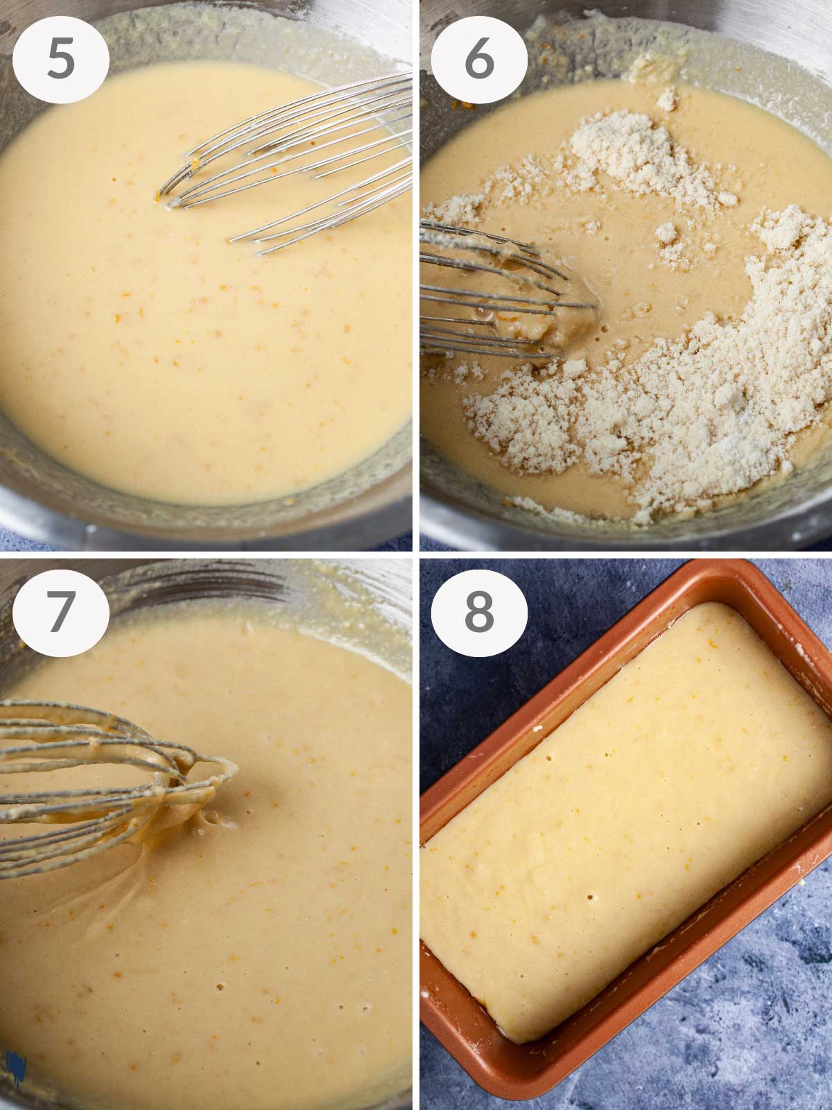 A series of steps showing how to make an orange flavored almond flour coffee cake.