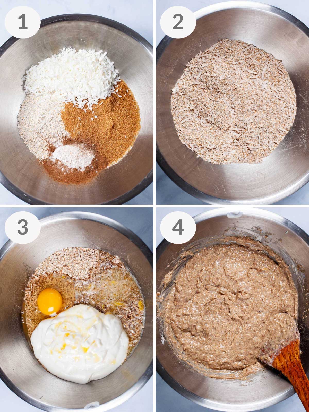 A series of steps to make a gluten-free donut batter with oat flour.