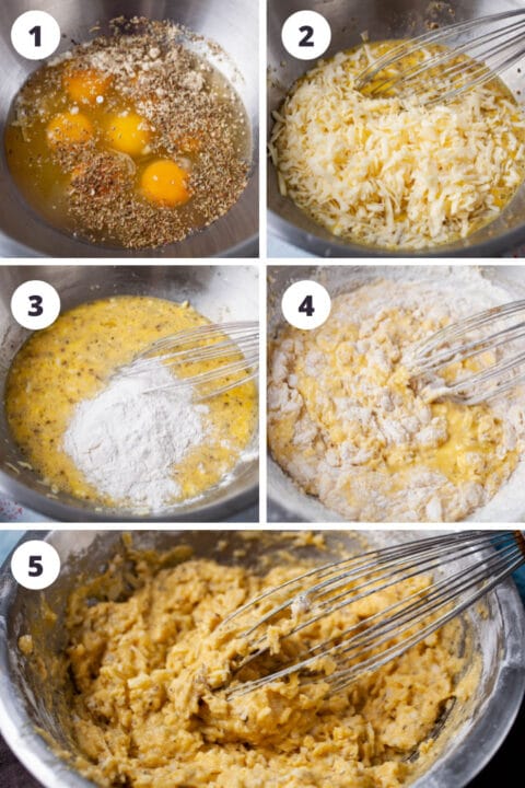 Steps showing how to combine dried cheese waffle ingredients into wet cheese waffle ingredients to get a beautiful golden batter mix.