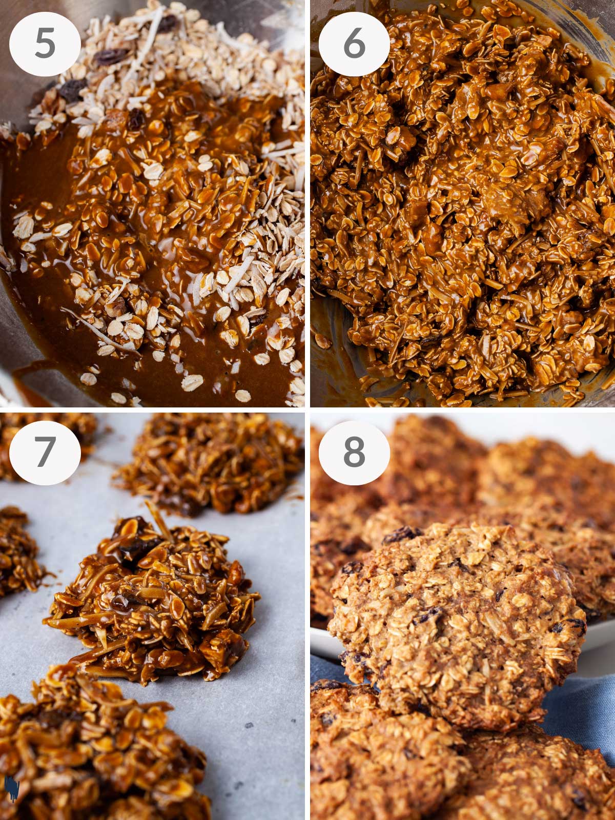A series of final steps showing how to make gluten-free oatmeal cookies.