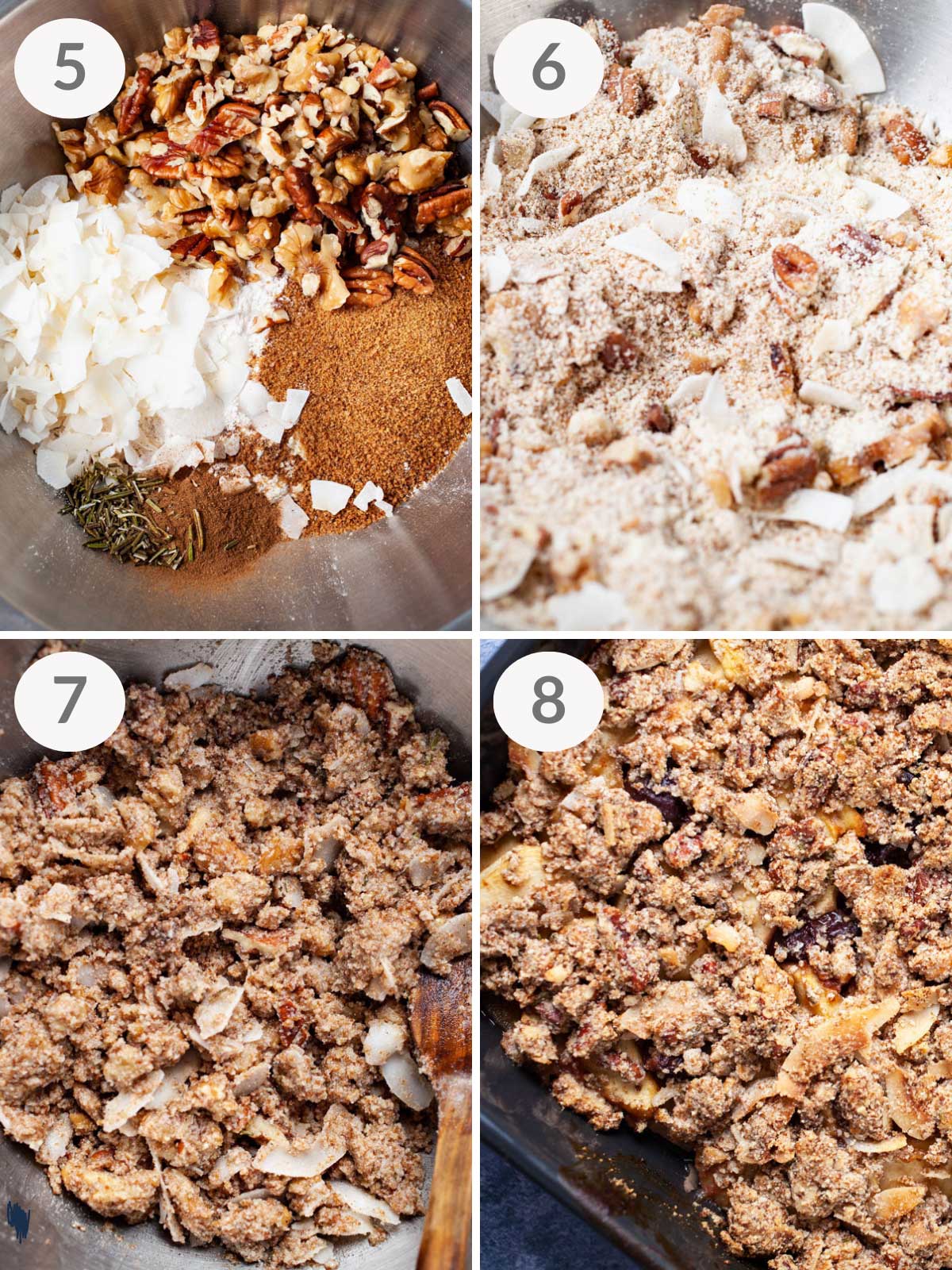A series of steps to make an apple crisp without oats.