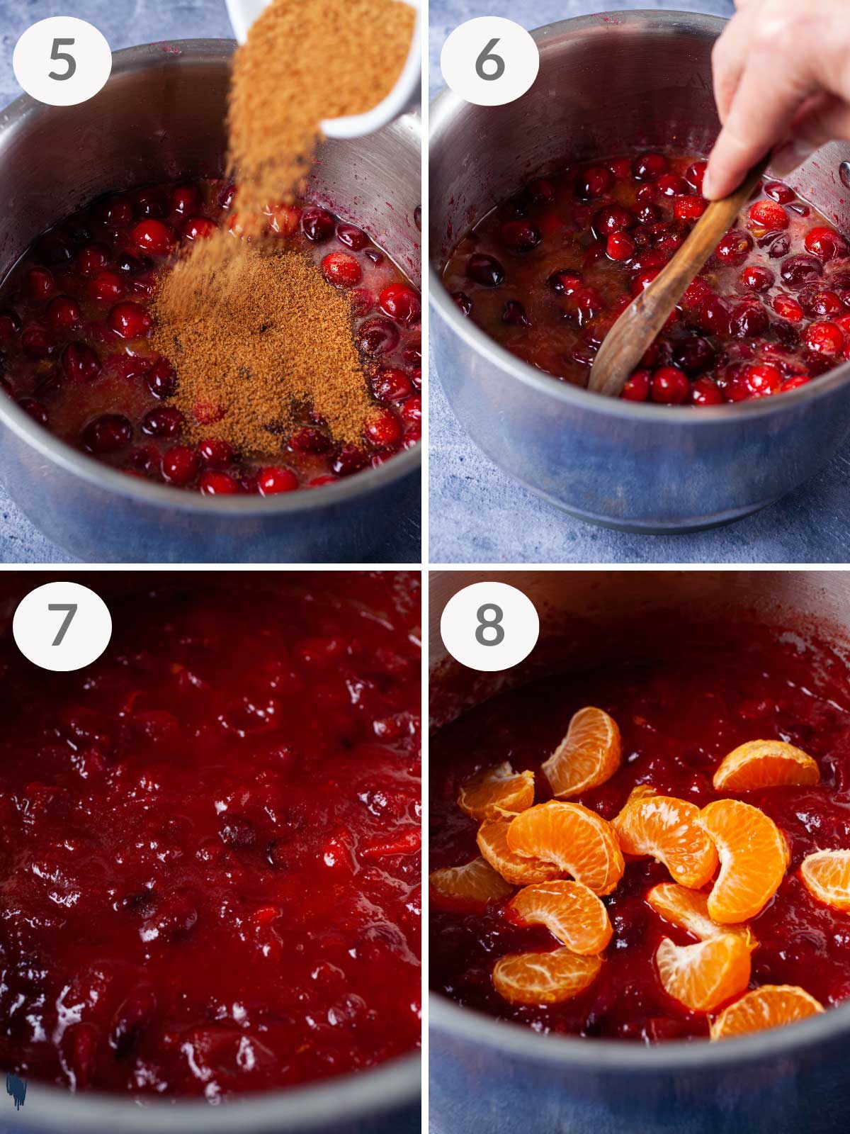 A series of final steps to make mandarin orange cranberry sauce.