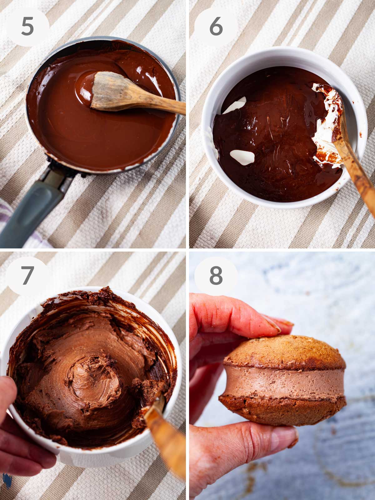 A series of steps showing how to make chocolate mascarpone frosting for mascarpone cookies.