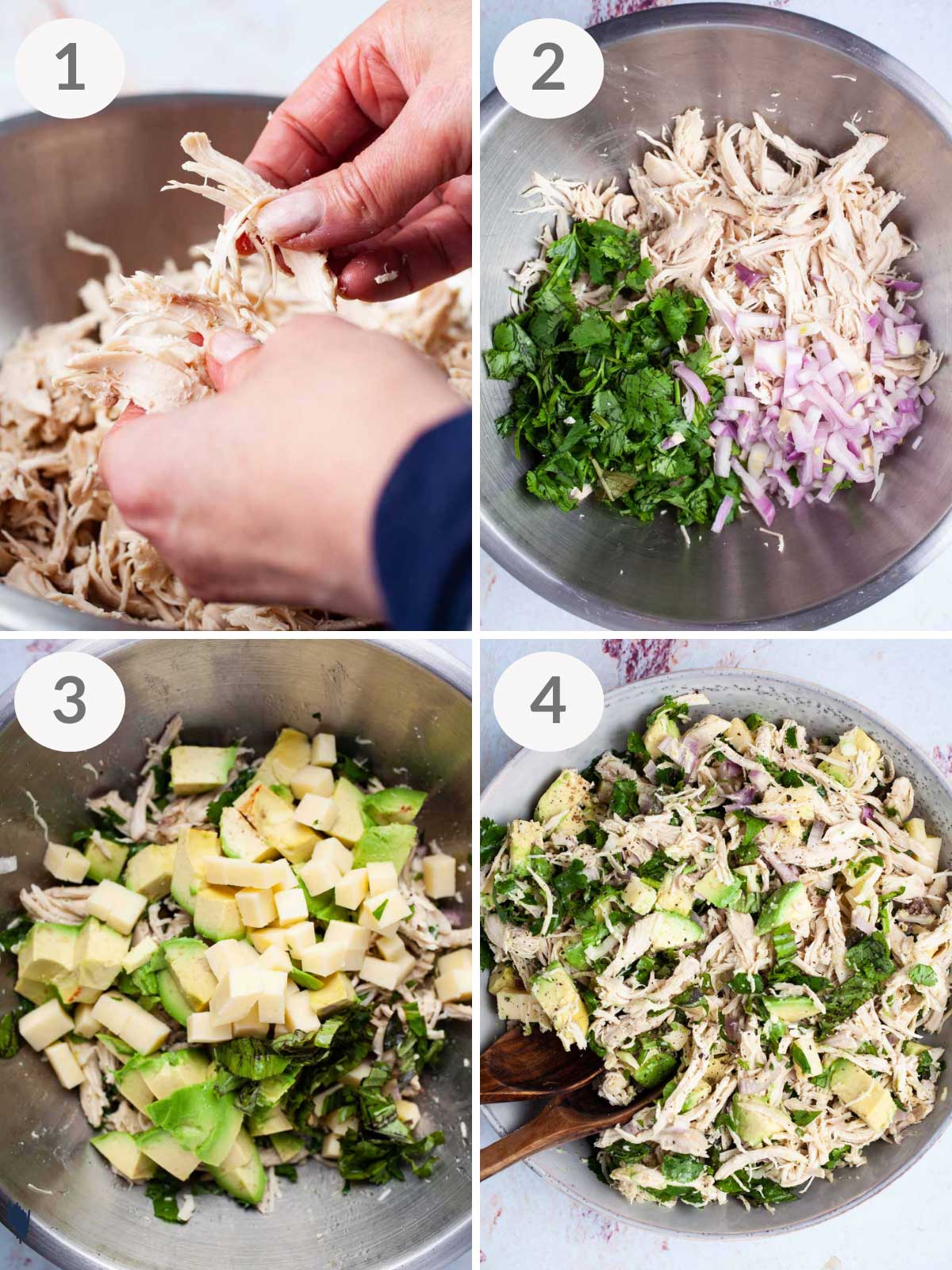 A series of steps showing how to make a healthy chicken salad with shredded cooked chicken.