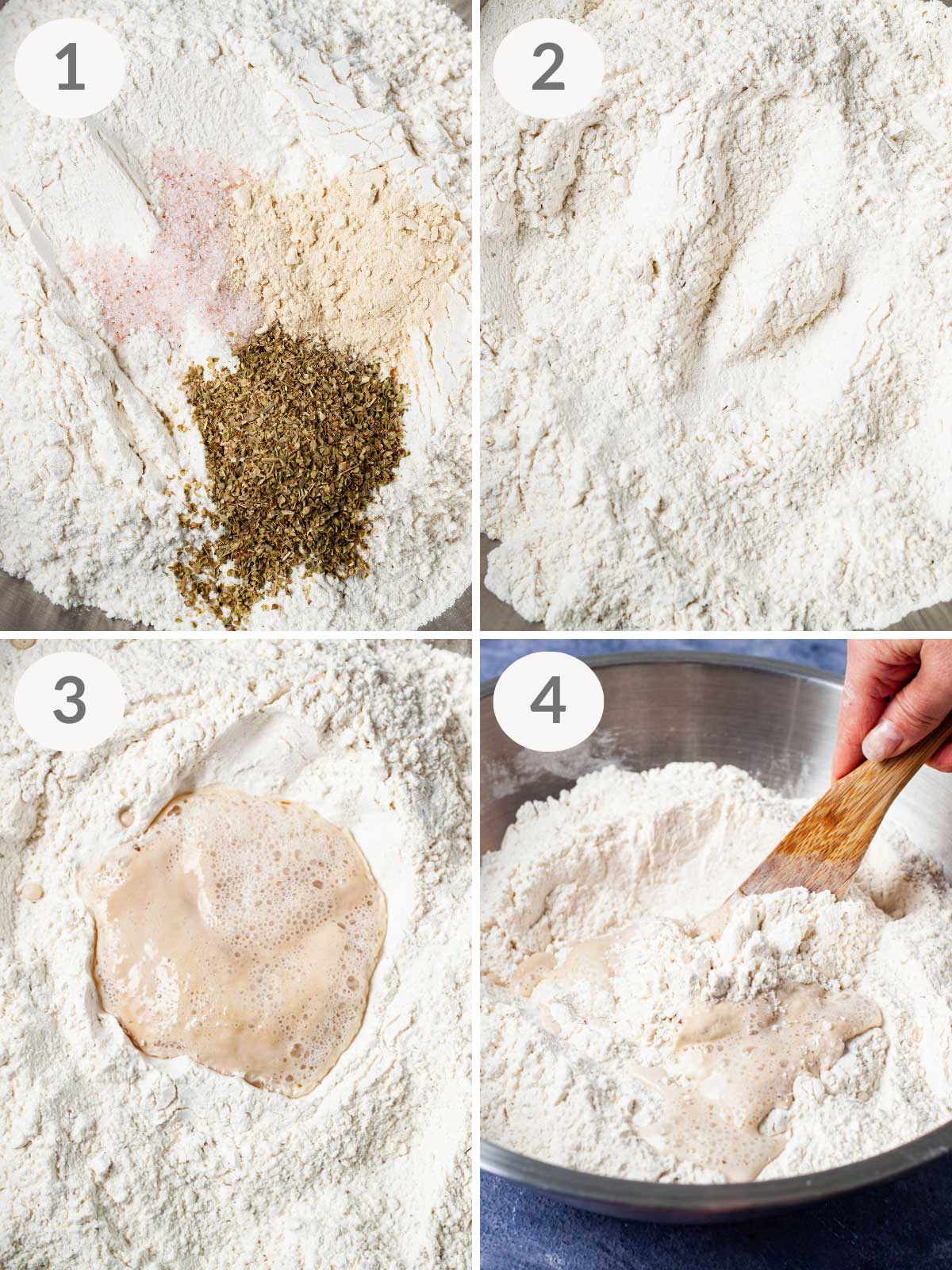 A series of steps combining yeast with flour to make a thick crust pizza dough.