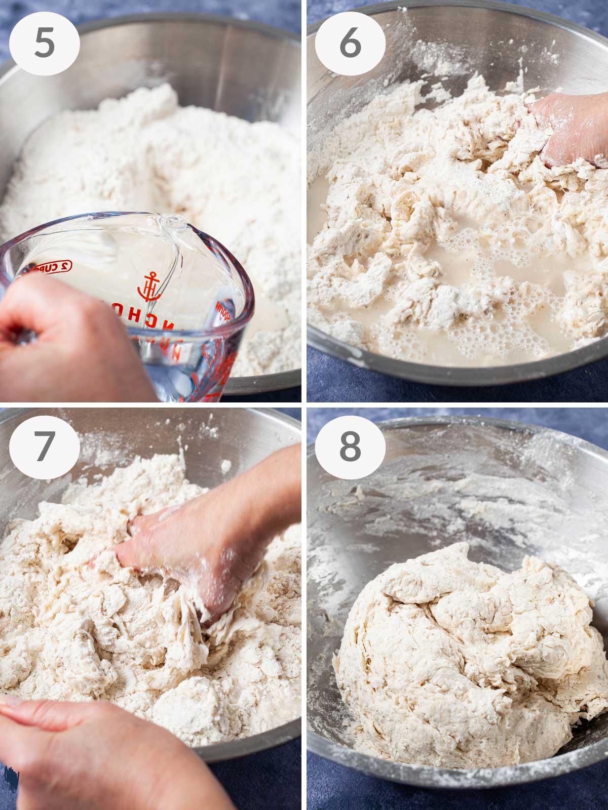 A series of steps combining water with flour to make a Sicilian pizza dough.