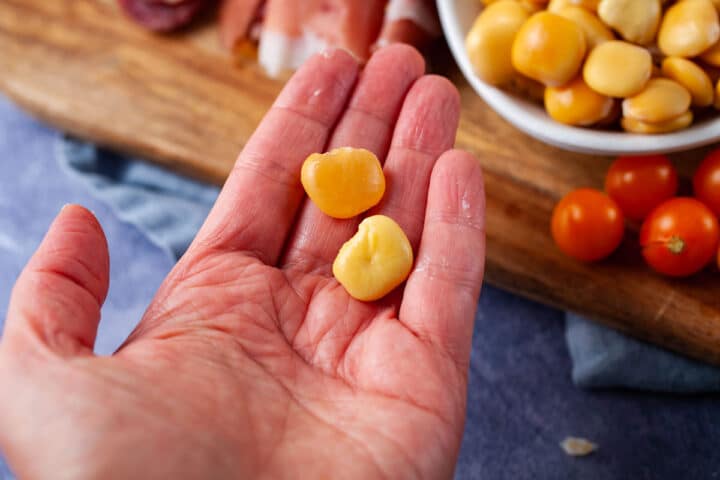 A close-up of a hand holding a peeled Lupini beans and its skin.