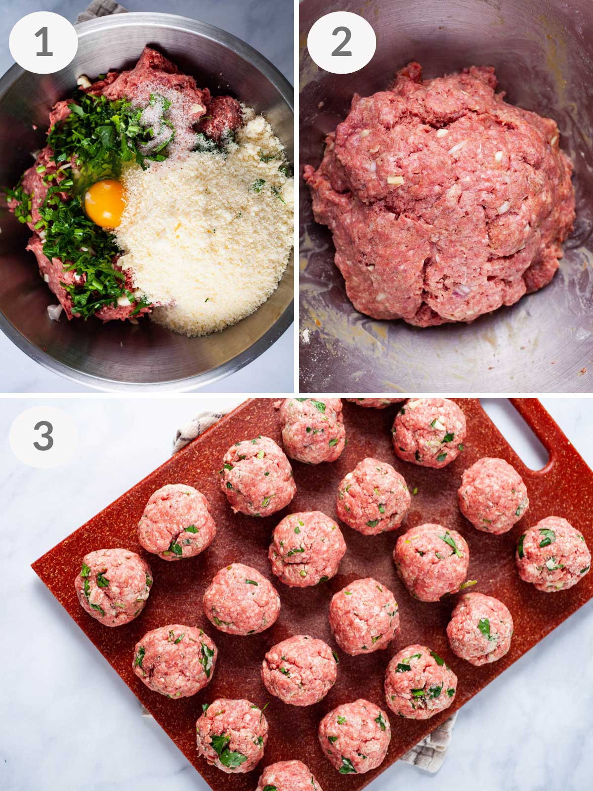 A series of steps showing how to make authentic Italian meatballs.