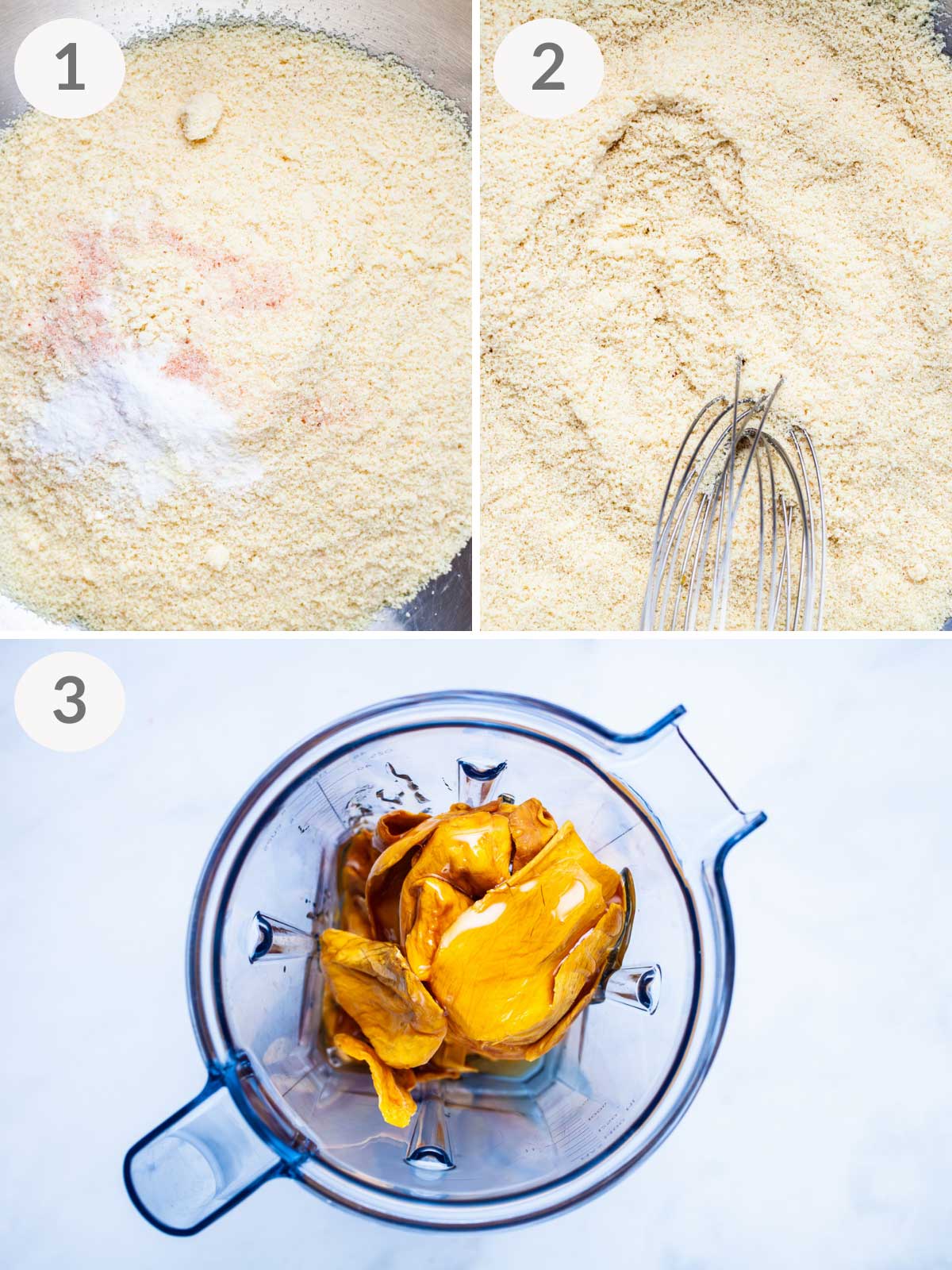 A series of steps showing how to prepare almond flour cookies with mangoes.