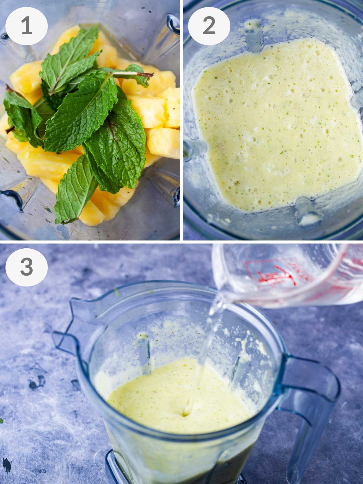 A series of first steps to blend a pineapple mocktail.