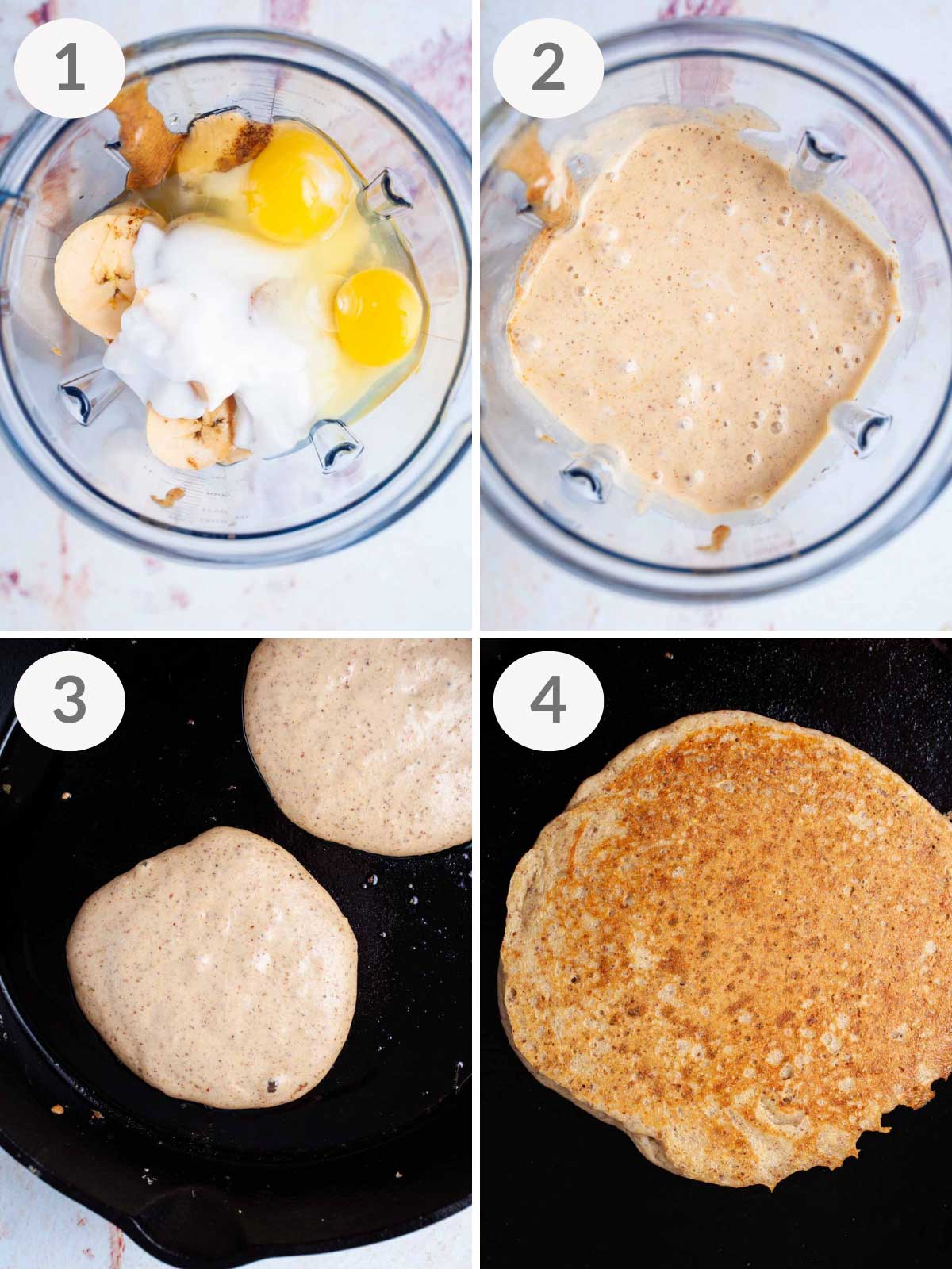 A series of steps showing how to make plantain pancakes.