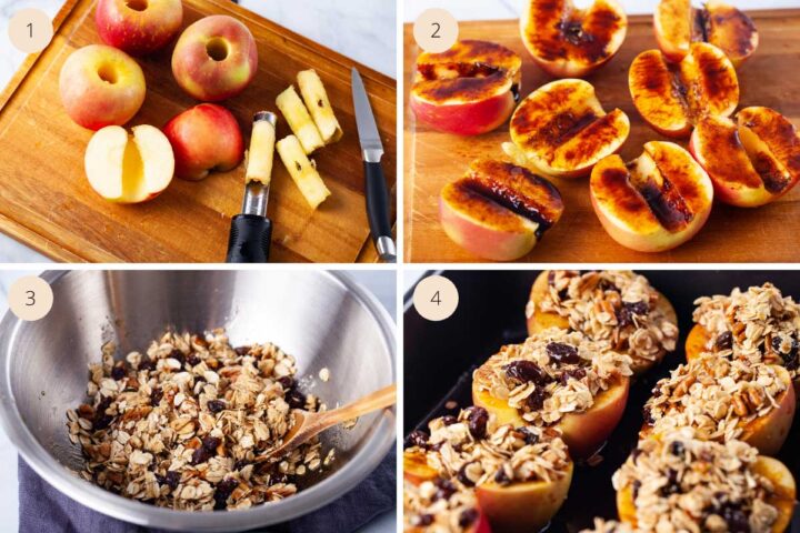 Four pictures showing first cored apples sliced in half; each apple half rubbed in dark syrup; a bowl of oatmeal and nut filling; and then the apples filled and topped with the oatmeal filling and laid out in a baking dish.