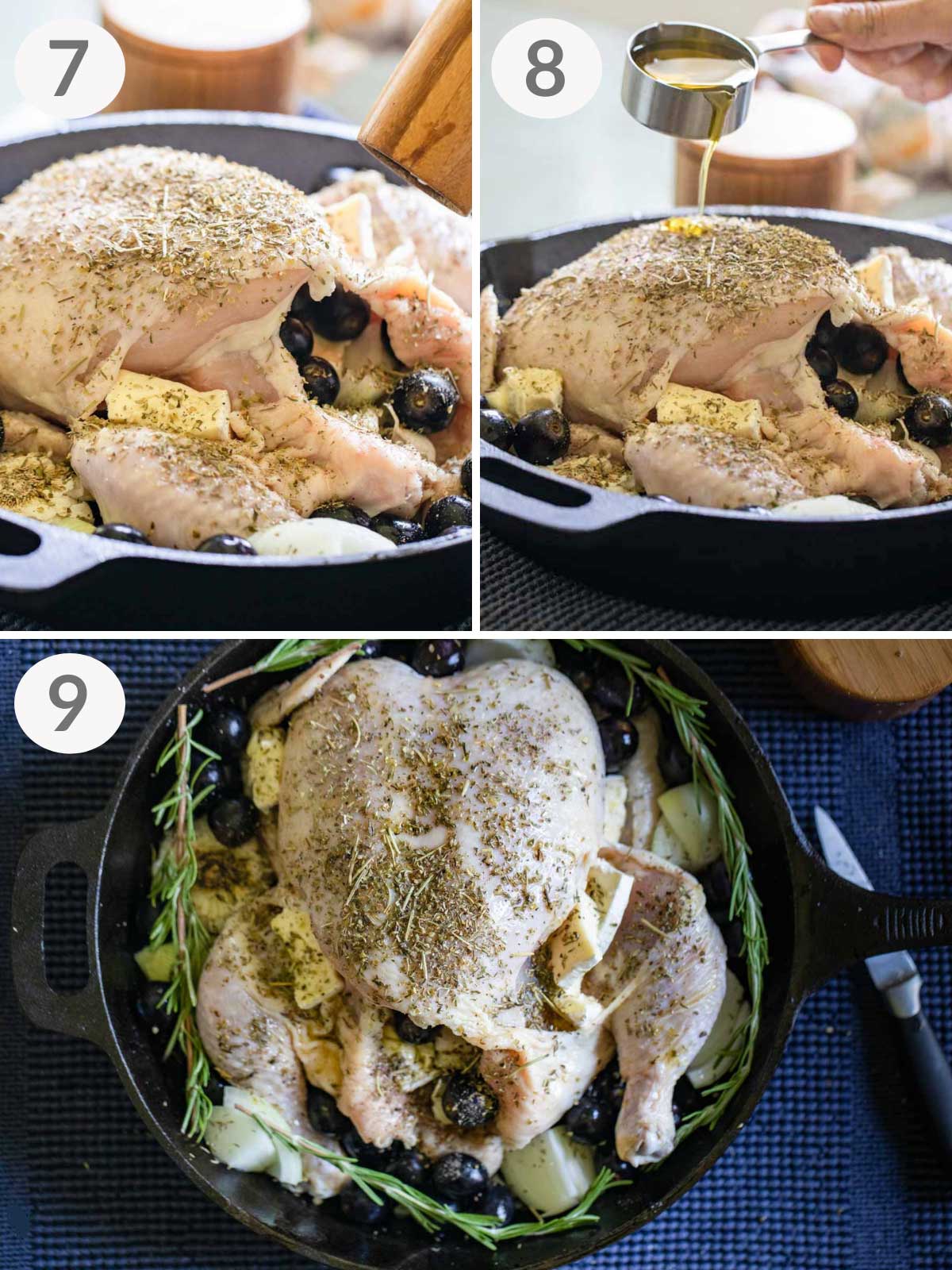 A series od steps to season a whole chicken with Italian seasoning, Rosemary, and olive oil.