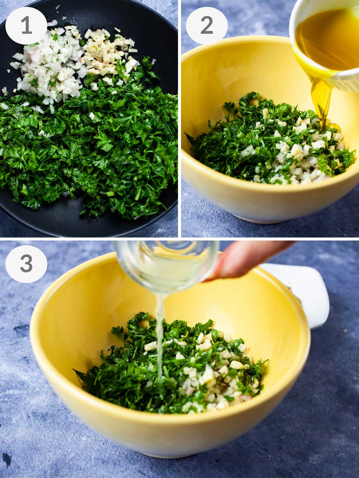 A series of steps to make fresh chimichurri sauce.