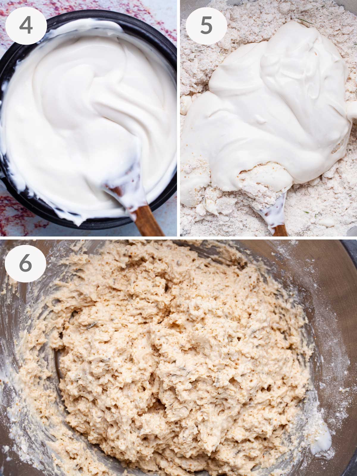 A series of steps showing how to make batter fro gluten-free drop biscuits.