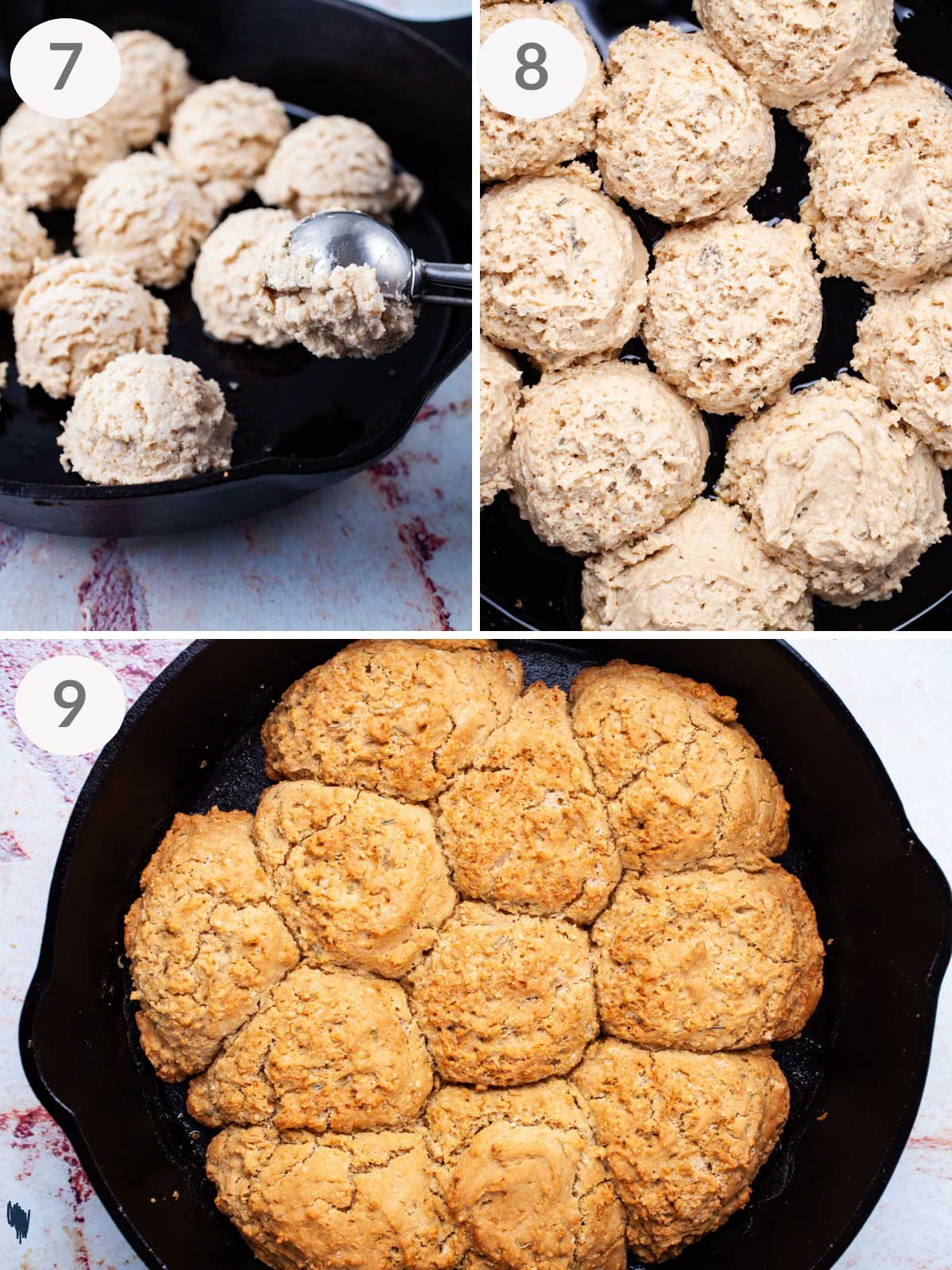 A series of steps showing how to drop biscuit batter in a cast iron skillet and bake it.