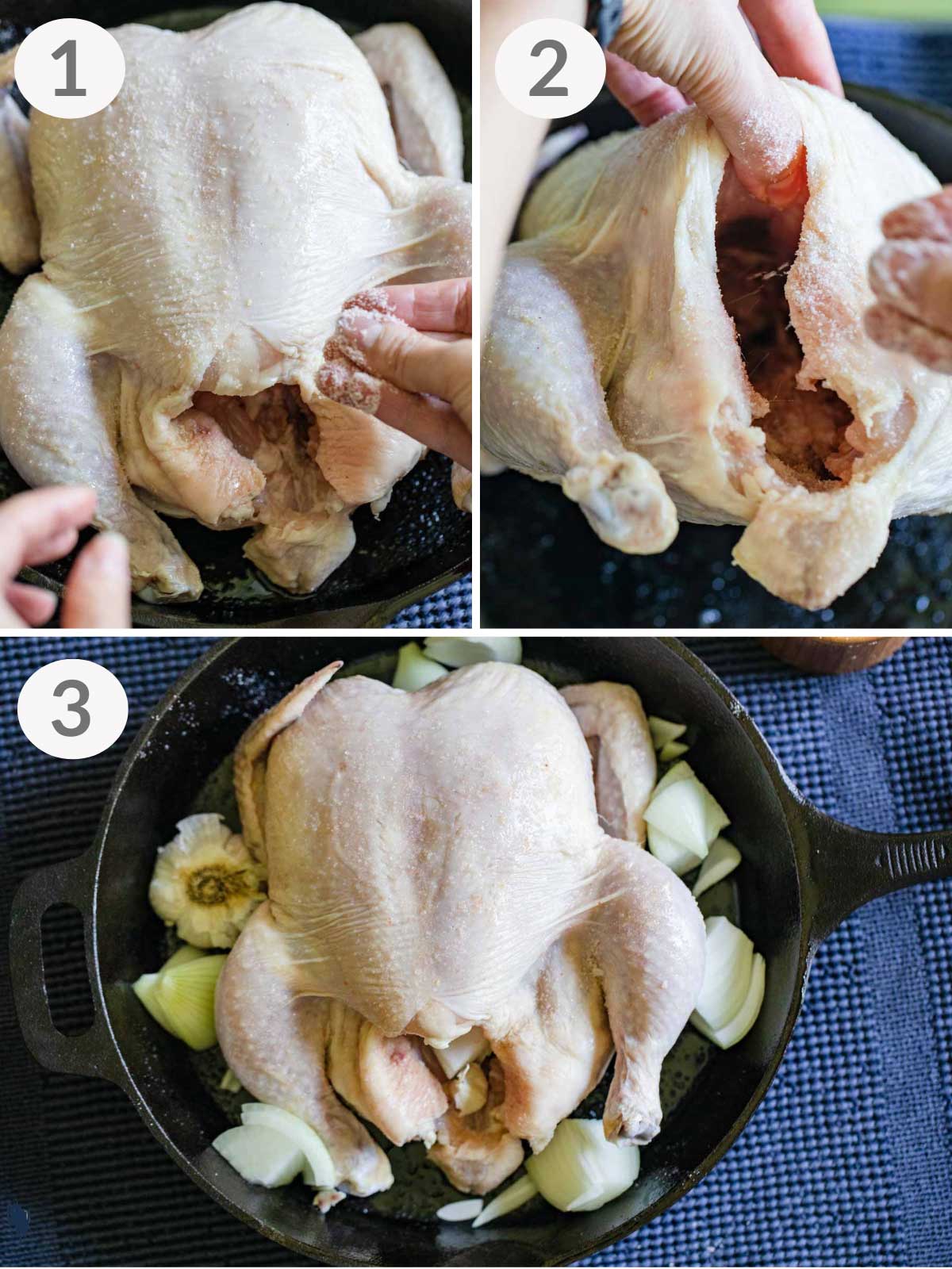 A series of steps to season a whole chicken in a cast iron pan.