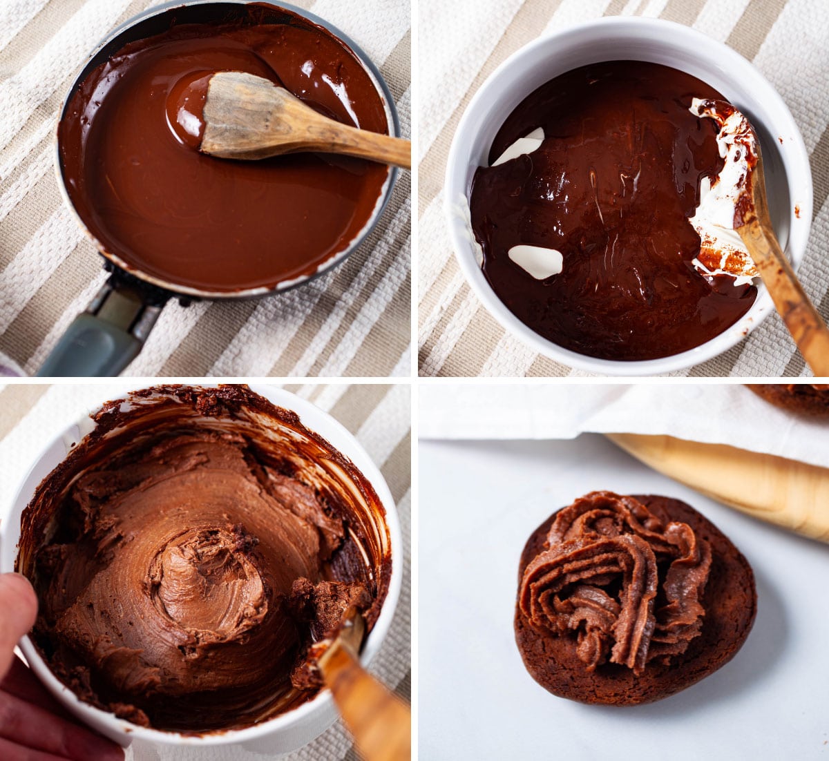 Melted chocolate in a small pan, then mixed in with mascarpone cream, then stirred into a creamy concoction, and then piped on to a cookie.