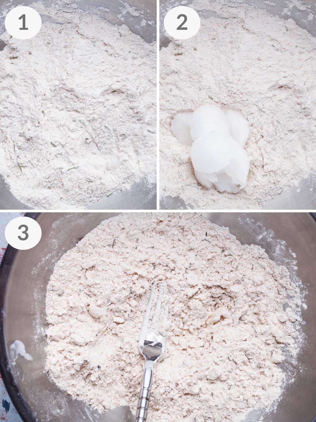 A series of steps showing how to prepare batter for drop biscuits.