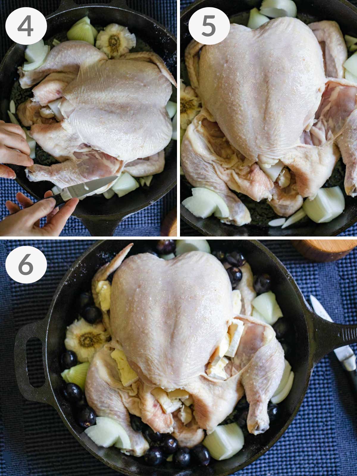 A series of steps to fill up a chicken with brie to roast in the oven.