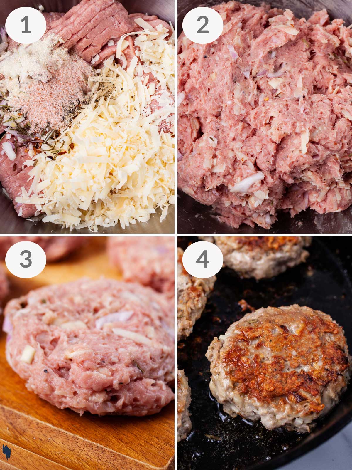 A series of steps showing how to make easy turkey burgers on the stove.