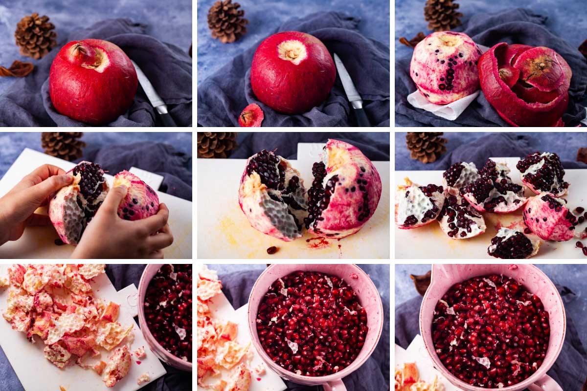 Six pictures showing how to peel and cut open a pomegranate and then how to take out the seeds.