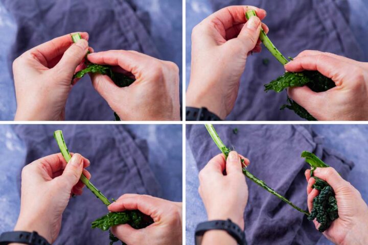 Four pictures showing how to de-stem kale leaves.