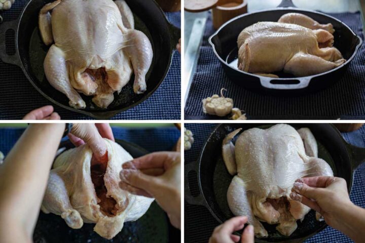 Four pics showcasing how to season a whole chicken in an iron skillet with salt and olive oil.